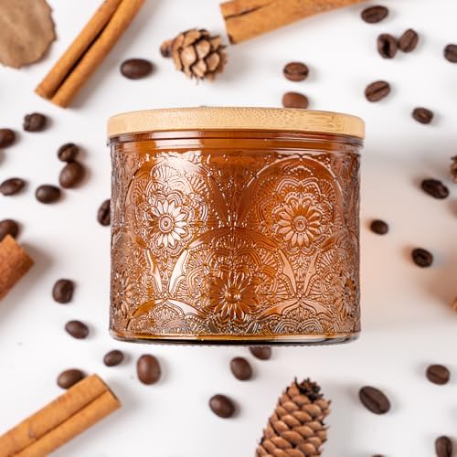 10 oz Mocha Mandala Glass Candle Jars with Bamboo Lids, 9 Pack