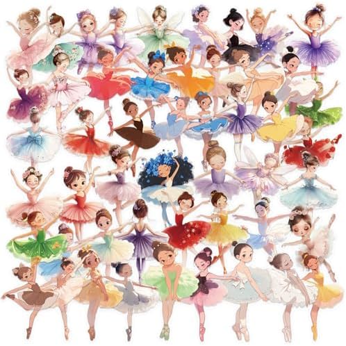 50pcs Transparent Ballet Girl Sticker, Cute Multi-Color Ballerina Dancing Girl Stickers for Water Bottle Scrapbook Laptop Luggage,Waterproof Funny Trendy Decals for Teens Girls Women (Ballet)