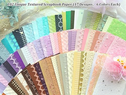 102 Unique Textured Scrapbook Papers and Mesh Fabric Sheets(17 Designs × 6 Colors), Handmade Craft paper for Scrapbooking, Junk Journal, Card Making Supplies, Planner, Collage (5.9" x 3.9")