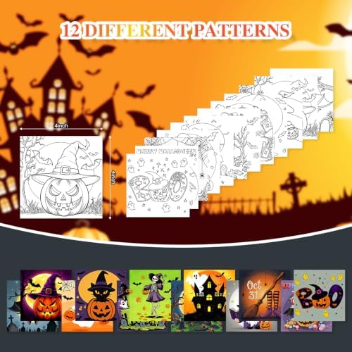 12 Packs Pre Drawn Canvas to Paint, Pre Printed Canvas for Painting, Pre Stretched Canvas Outline Painting Boards for Beginners, Students, Party Favors(4 * 4in) (Halloween)
