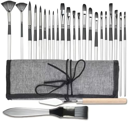 25pcs Paint Brush Set, Professional Artist Paint Brushes for Acrylic Painting, Oil, Watercolor, Gouache, with Paint Spatula and Cloth Roll - Art Supplies for Artists and Beginners