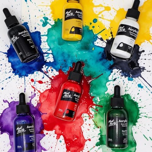 Mont Marte Acrylic Ink Premium 50ml - Black, Acrylic Inks for Artists, Fluoro Colors, Ideal for Air Brush, Pouring Art, Scrapbooking, Ink Drawing, Mixed Media