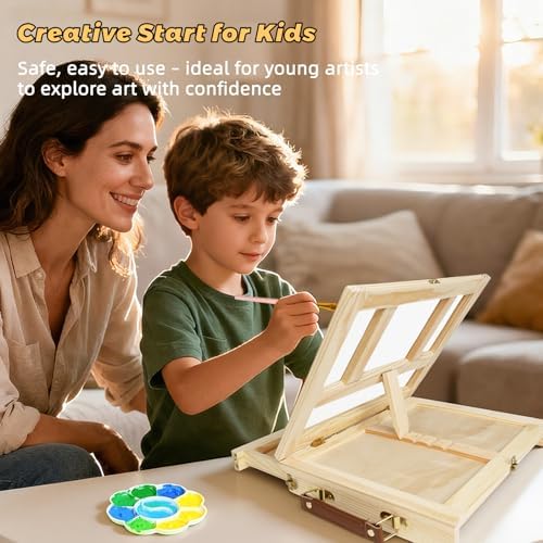 Portable Tabletop Easel Set 24-Piece Acrylic Paints Brushes Canvases
