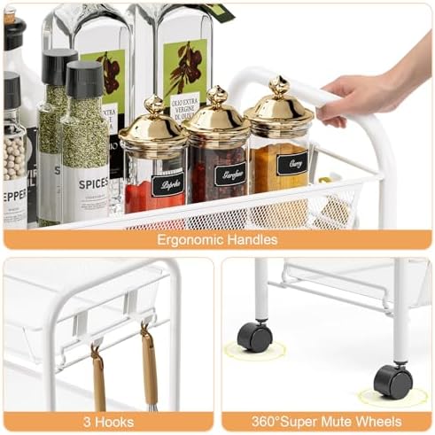 TOOLF 4 Tier Rolling Cart, Metal Utility Storage Cart with Wheels, White | 3 Hooks, Screwless Assembly, Trolley Organizer for Bathroom, Kitchen, Office, Nursery, Dorm, Laundry Room