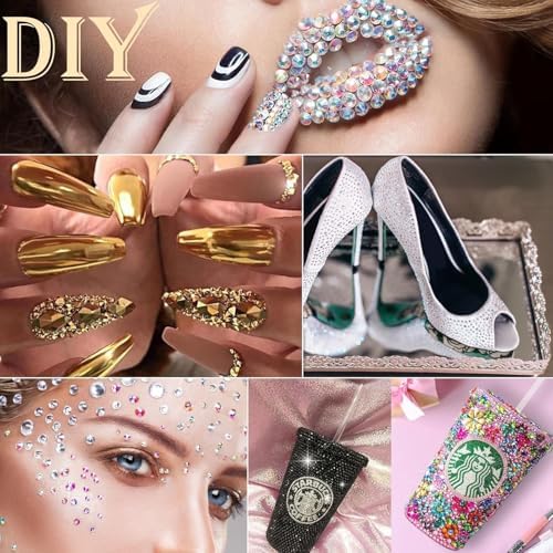 Canvalite 2784Pcs Champagne Rhinestones Flat Back Gems, Nail Rhinestones Gems with Jewelry Glues Pick Up Tweezers and Rhinestone Picker Dotting Pen, Nail Art Tools for Nails, Clothes, Face, Craft