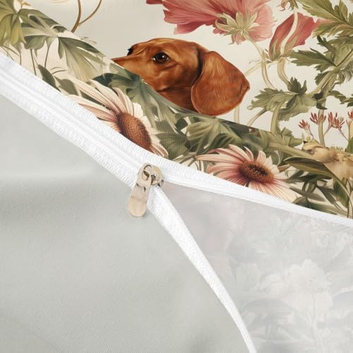 Erosebridal Dachshund Duvet Cover King Size Wildflowers Bedding Set for Adults Teens Women Animal Vintage Botanical Comforter Cover Watercolor Style Bedclothes Room Decor