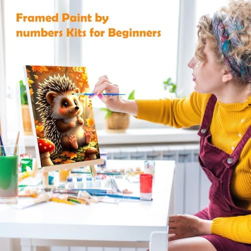 MOGTAA Fall Paint by Numbers Kit for Adults Beginners with Frame, Hedgehog Adult Paint by Number Kits on Canvas with Easel, Easy DIY Autumn Oil Painting Kits for Home Decor, 8x12in