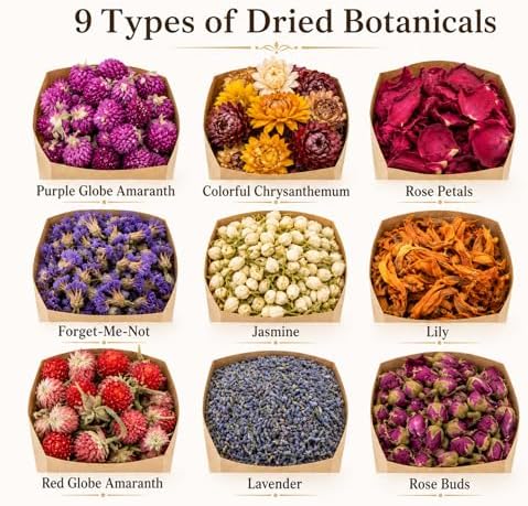Sukh Dried Herbs Kit - Dried Botanicals Bulk,9 Bags Natural Dry Flowers and Herbs for Soap,Candle,Perfume,Bath Bombs,Resin Jewelry Making Supplies,Fragrance Sachet DIY and Witchcraft