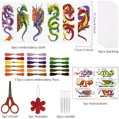 ORIGACH 6 Set Dragon and Loong Cross Stitch Bookmark Kit for Beginner