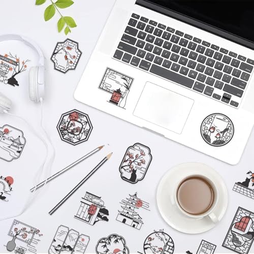 50pcs Black and White Stickers for Laptop Water Bottles, Transparent PET Waterproof Adhesive Ancient Style Sketches Decals for Kids Birthday Party Scrapbook Phone (Black and White)