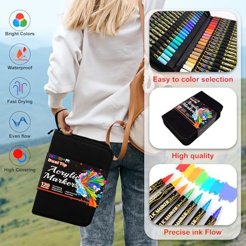 Betem 120 Colors Paint Markers for Glass, Dual Tip Acrylic Paint Pens