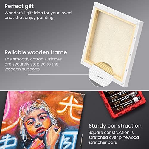 ARTEZA Square Stretched Canvas for Painting, 10 x 10 in, Pack of 8, Pre-Primed White Canvases for Acrylic, Oil, Gouache, Tempera, and Pouring Art | 100% Cotton Surface, 0.6 in Profile, Pinewood Bars, Acrylic Titanium Gesso, For Oil, Acrylic, Gouache an...