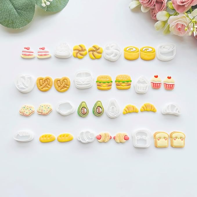 Xaekicr Bakery & Food Theme Polymer Clay Cutters Set - 12pcs Miniature Shapes Including Croissant, Burger, Avocado, Cupcake, Bread & Toast for DIY Earring Jewelry, Soft Clay Crafts & Scrapbooking