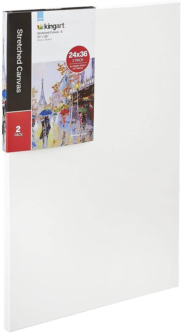KINGART Stretched White Canvas Set – Rectangle, 24x36 Inch, 2-Pack – 100% Cotton, Triple Gesso Primed – 5/8" Profile Back-Stapled Artist Boards for Acrylic, Oil, Pouring, & Mixed Media Painting