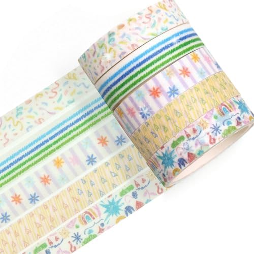 Cute Pattern Washi Tape Set 5 Rolls Glitter Cover Decorative Wide Kawaii Masking Tapes for Arts, DIY Crafts, Journals, Planners, Scrapbook, Wrapping (10 Doodle Mix)