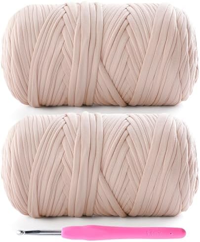 2 Pack Tshirt Yarn for Crochet - 800 g/260 yds T Shirt Yarn for Crocheting Bags/Baskets/Home Decor - Soft Elastic Fabric T-Shirt Yarn with 1 Crochet Hook (2, Beige)