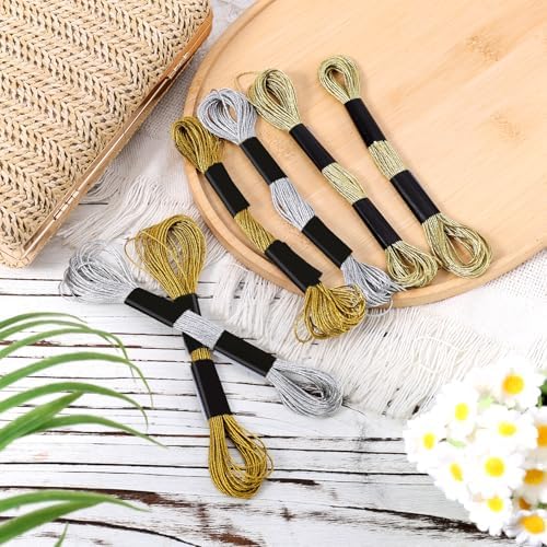 6 Skeins Metallic Embroidery Threads (Gold+Light Gold+Silver)