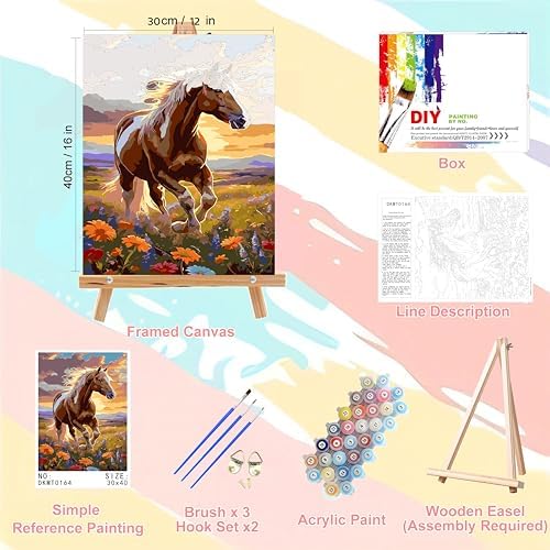 Horse Paint by Numbers for Adults with Framed Canvas - with Wooden Easel