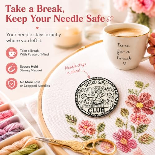 Needle Minder for Keeping Sewing & Embroidery Needles – Magnetic Needlepoint Holder, Cross Stitch Supplies – Secure & Decorative Needle Minders for Stitching & Crafting (Weird Girls Club)