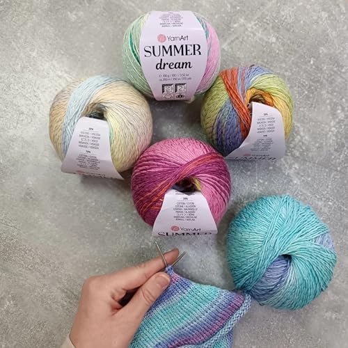 YarnArt Summer Dream Cotton Blend - 3.4 OZ, 383 yds Rainbow Multi Color Yarn for All Season Project Fuitable for Knitting Blouses, Shawls, Scarfs and Sweaters, Fine:2 (4302)