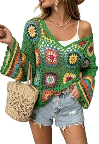 Kinghua Crochet Tops for Women Spring Summer Boho Floral Shirts Coverups