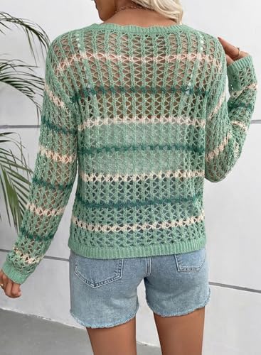 EVALESS Crochet Tops for Women Long Sleeve Hollow Out Knit Sweaters