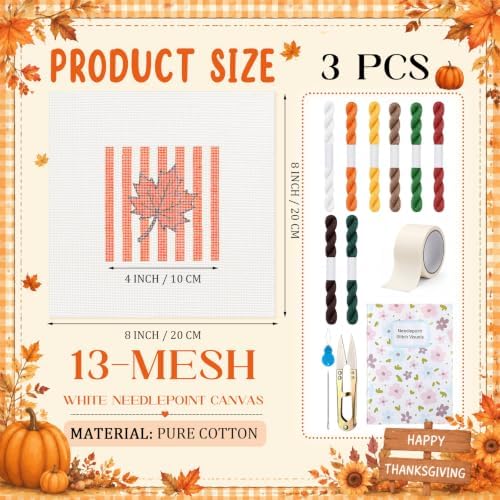 Irenare 3 Sets Fall Needlepoint Kit for Beginners Embroidery Cross Stitch Kit for Adults Pre-Pumpkin Acorn Maple Leaf Printed Canvas with Thread Needle Instruction Tape Scissors for DIY Crafts Gift