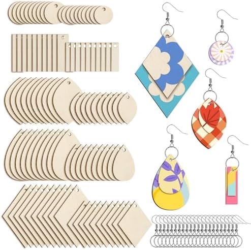 HAPY SHOP 300 Pieces Unfinished Wooden Earrings Teardrop/Circle/Leaf/Diamond/Rectangle Shapes Wood Earring Blanks 100 Pieces Earring Hooks and 100 Pieces Jump Rings