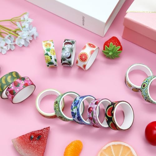 12 Rolls Fruit Themed Washi Tape Set, Colorful Floral Plants Decorative Tape Tropical Fruits Masking Tape for Journaling Supplies, Junk Journal, Scrapbooking, DIY Arts & Crafts,Gift Wrapping