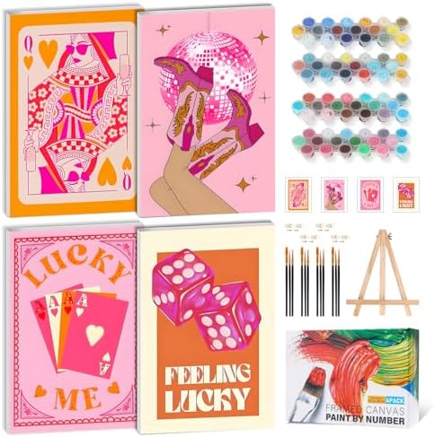 4 Pack Framed Paint by Numbers Kit for Adults, Pink Disco, 8 x 12 Inch | DIY Acrylic Painting by Numbers for Beginners, with Wooden Easel, Party Home Wall Decor, Stress Relief Craft Gift