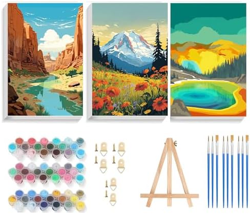 HOIYLDS 3 Pack Paint by Number for Adults Framed Canvas, National Park DIY Arts and Crafts for Adults Beginner with Wooden Easel, Paint Brushes, Acrylic Paint Set for Home Wall Decor, 9 * 12 Inch