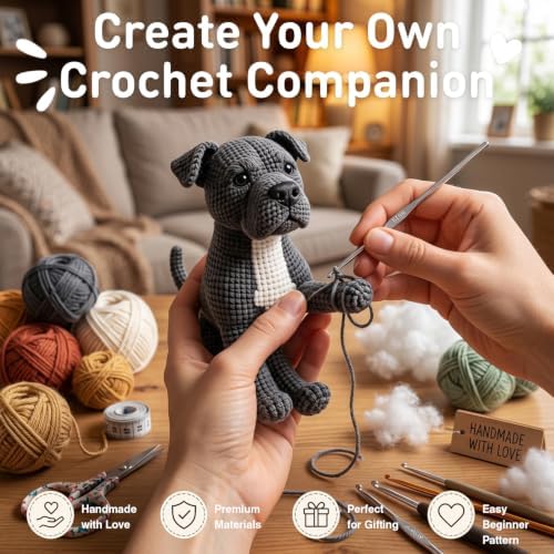 DIY Crochet Pitbull Dog Kit for Beginners – Amigurumi Staffordshire Bull Terrier Stuffed Animal Knitting Kit with Yarn, Hook & Instructions – Easy Beginner Crochet Animal Craft for Adults & Dog Lovers