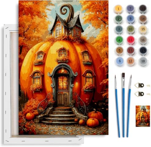 Spandrel Pumpkin House Framed Paint by Numbers Kit for Adult, Halloween Adult Paint by Number Kits on Canvas, DIY Acrylic Oil Easy Autumn Painting by Numbers Fall for Home Wall Decor, 8x12in