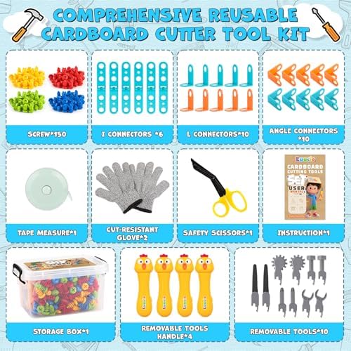 196 PCS Cardboard Cutter for Kids, Reusable Safe Cardboard Tools for Kids with Box, Gloves, Screws, Connectors, Screwdrivers, Saws, Educational Toys for 5 6 7 8 Year Old, Birthday Gift for Boys Girls