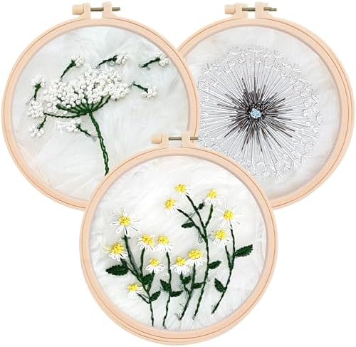 Clear Background Embroidery Kit for Beginners – DIY Hand Embroidery Kit with 3 Hoops, Stamped Patterns, Needles, Thread, Scissors – Minimalist Embroidery Set for Adults, Teens, Women, Craft Lovers