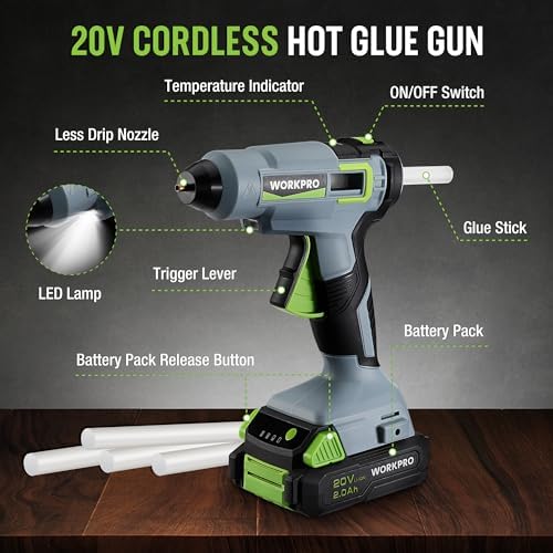WORKPRO 20V Cordless Hot Melt Glue Gun Kit, 12 Pcs Full Size Glue Sticks