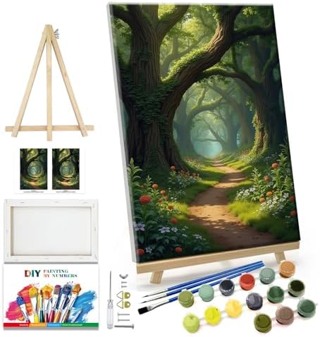 JOOZ Landscape Paint by Numbers Kit for Adults with Frame Forest Paint by Number with Easel Tree Adult Paint by Number Kits Framed Canvas Oil Painting Kits for Home Wall Decor 8x12 Inch