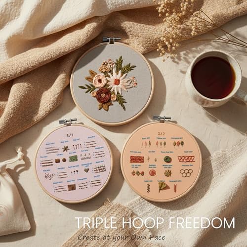 nevora shop Beginner Embroidery Kit for Adults with 3 Hoop