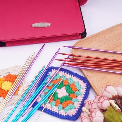 Mdoker 55pcs Double Point Knitting Needles Set Aluminum Knitting Needle 11 Size 2.0mm-5.0mm,6-inch Length Knitting Kits for Handmade Creative DIY Knitting Yarn Projects(Red)