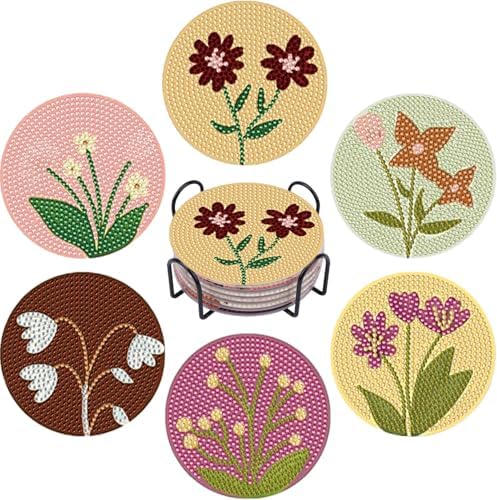 DOTSOPS 6 Pack Flower Diamond Art Coasters with Holder for Adults 4 in
