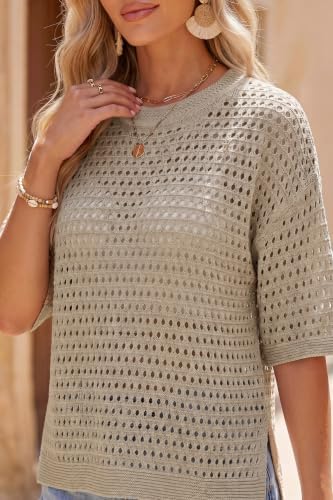 Arach&Cloz Women's Linen Blend Oversized Hollow Out Summer Crochet Tops