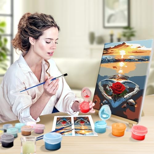 JOOZ Paint by Numbers Kit for Adults with Frame, Beach Sunset Paint by Number with Easel, DIY Beach Rose Oil Painting by Number, Easy Adult Paint by Number Kits on Canvas for Wall Decor 8 x 12 Inch