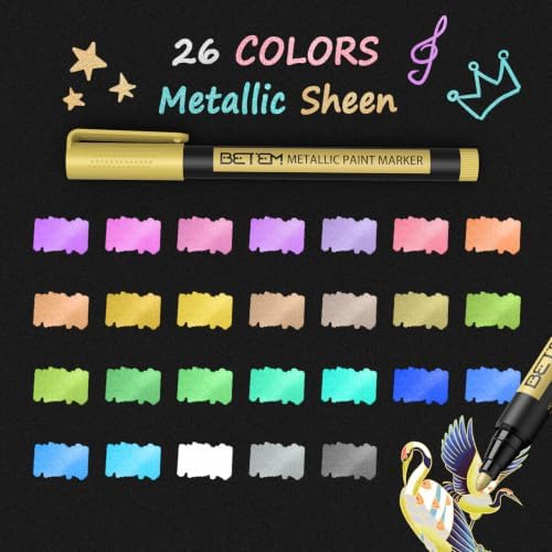 Betem Metallic Paint Markers, 26 Colors Acrylic Metallic Markers for Black Paper, 2mm Medium Tip Glitter Pens Scrapbooking Supplies, Teacher Appreciation Gift, Rock, Photo Albums, Card Making Kit