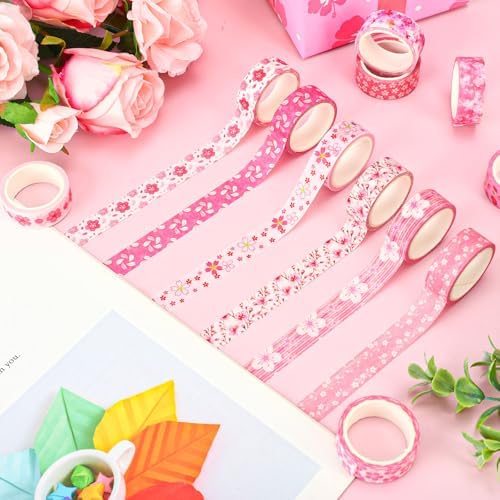 Whaline 12 Rolls Cherry Blossom Flower Washi Tape Floral Masking Tape Set Pink Sakura Decorative Wrapping Paper Tapes Boxed for Spring Scrapbook Journal DIY Crafts