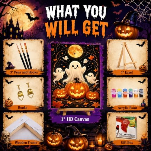 Halloween Paint by Numbers Kit for Kids 6-8-12 with Frame Easel 8x12 inch
