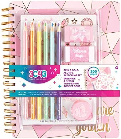 Make it Real 3C4G- Pink & Gold All-in-1 Sketchbook Set - Unlined Diary, Journal & Sketchbook for Kids - Includes Pencils, Stickers & More - Perfect Drawing Kit for Girls - Creative Kids Sketch Pad