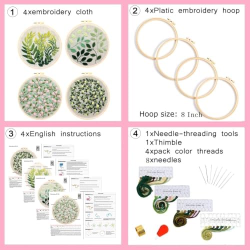 Vintage Plant Embroidery Kits for Beginners Adults, Flowers Hand Embroidery Sets Needlepoint Kits, Stamped Cross Stitch Kits for Beginners Adults, 4 Embroidery Hoops, Fabric (Attached Video Tutorial)