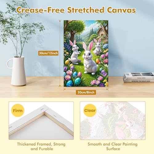 Bowetile Framed Paint by Numbers Easter Kit for Adults, Adults' Paint-by-Number Bunny Kits on Canvas, Painting by Numbers Rabbit, DIY Acrylic Number Painting for Home Wall Decor, 8x12in