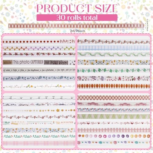 EORTA 30 Rolls Pastel Floral Washi Tape Set, Thin 5mm Skinny Masking Tape (0.19 Inch Wide), Decorative Planner Tape for Scrapbooking, Journaling, Gift Wrapping & DIY Crafts, Soft Floral Planner Set