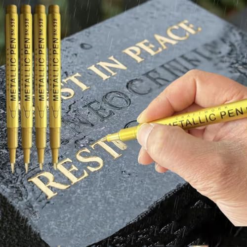 Tombstone Marker Pens Weatherproof Quick-Dry Oil-Based Fine Tip for Restoring Faded Inscriptions on Grave Stones Granite Surfaces，Gold 2PCs Soft nib + 2PCs Hard pen tip